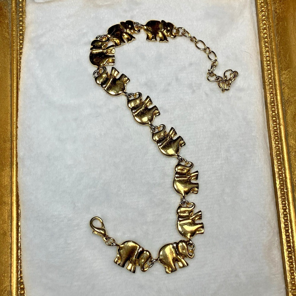 Vtg Gold Tone Elephant Line Bracelet Trunk Up 8.5+ Adjustable Preppy Classic XL